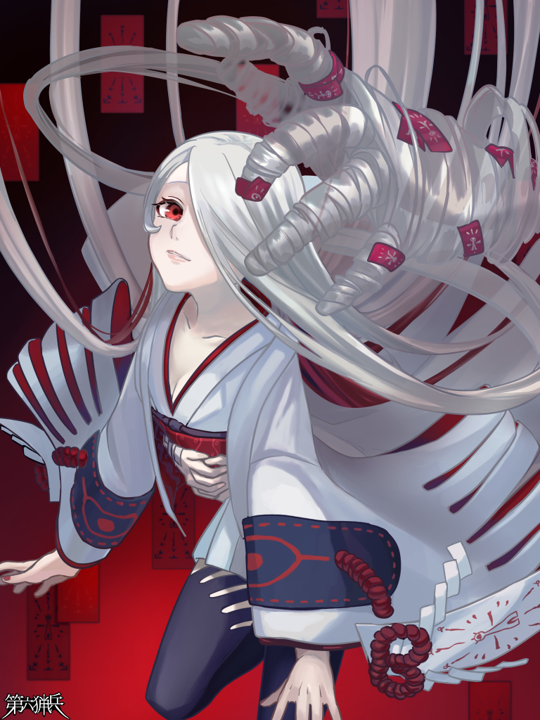 1girl, black_thighhighs, breasts, cleavage, colored_inner_hair, copyright_name, dairoku_ryouhei, gradient_background