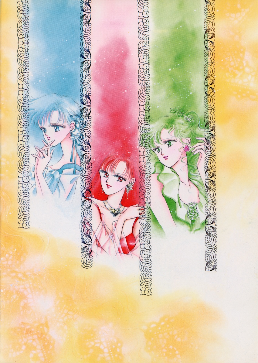 3girls, absurdres, artbook, bishoujo_senshi_sailor_moon, blue_hair, closed_mouth, collarbone, earrings