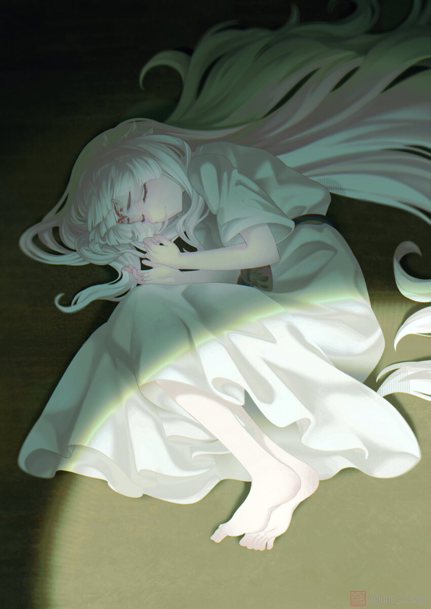 1girl, absurdres, barefoot, closed_eyes, dress, ender_lilies_quietus_of_the_knights, expressionless, facial_mark, fetal_position, forehead_mark, full_body, highres, juns_draws, lily_(ender_lilies), long_hair, shade, sleeping, solo, very_long_hair, white_dress, white_hair