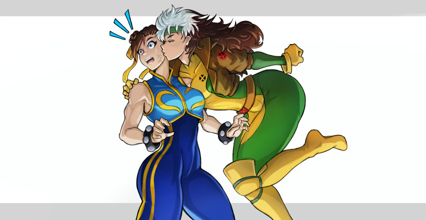 2girls, alex_dos_diaz, ass, bent_over, biceps, blue_bodysuit, blue_unitard, bodysuit, boots, bracelet, breasts, brown_jacket, capcom, chun-li, crossover, gloves, green_bodysuit, green_headband, hair_ribbon, headband, highres, jacket, jewelry, kiss, kissing_cheek, marvel, marvel_vs._capcom, multicolored_bodysuit, multicolored_hair, multiple_girls, muscular, muscular_female, ribbon, rogue_(x-men), street_fighter, street_fighter_zero_(series), studded_bracelet, superhero_costume, surprised, thick_thighs, thighs, two-tone_hair, unitard, veins, x-men, x-men_vs._street_fighter, yellow_bodysuit, yellow_boots, yellow_gloves, yuri