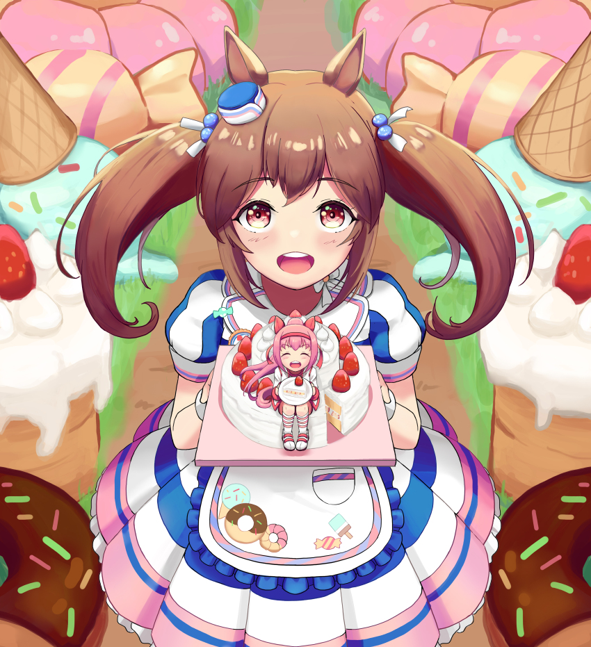 2girls, absurdres, animal_ears, brown_hair, cake, commentary_request, donut, dress