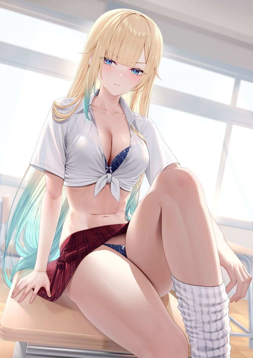 1girl, absurdres, aizawa_ema, alternate_costume, aqua_eyes, aqua_hair, averting_eyes, blonde_hair, blue_bra, blue_panties, blunt_bangs, blush, bow, bow_bra, bow_panties, bra, bra_peek, breasts, classroom, cleavage, collarbone, collared_shirt, commentary_request, commission, desk, gradient_hair, gyaru, hair_flaps, highres, indoors, knee_up, lace, lace_bra, lace_panties, large_breasts, leg_warmers, long_hair, midriff, miniskirt, multicolored_hair, navel, nikichiho, on_desk, panties, panty_peek, pinstripe_leg_warmers, plaid_clothes, plaid_skirt, pleated_skirt, red_skirt, school_uniform, shirt, short_sleeves, shy, sitting, skeb_commission, skirt, solo, thighs, tied_shirt, unbuttoned, underwear, vertical-striped_leg_warmers, virtual_youtuber, vspo!, white_leg_warmers, wing_collar