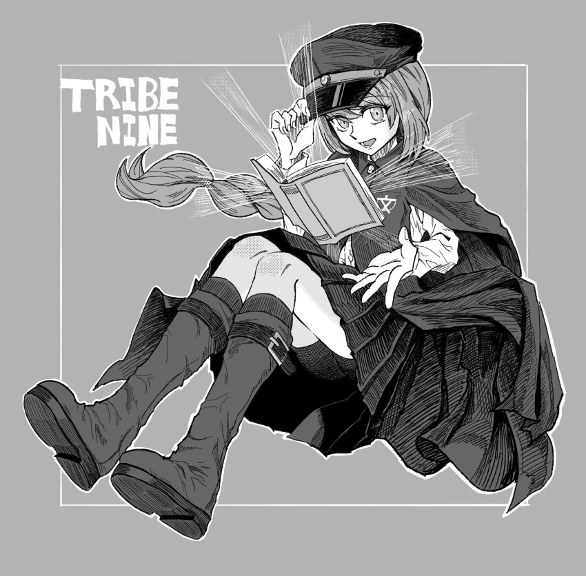 1girl, adjusting_clothes, adjusting_headwear, book, boots, braid, braided_ponytail, cape