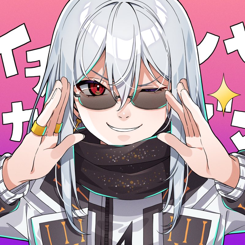 1boy, adjusting_eyewear, brown_scarf, earrings, grin, hair_between_eyes, hands_up, ichinose_kazuma