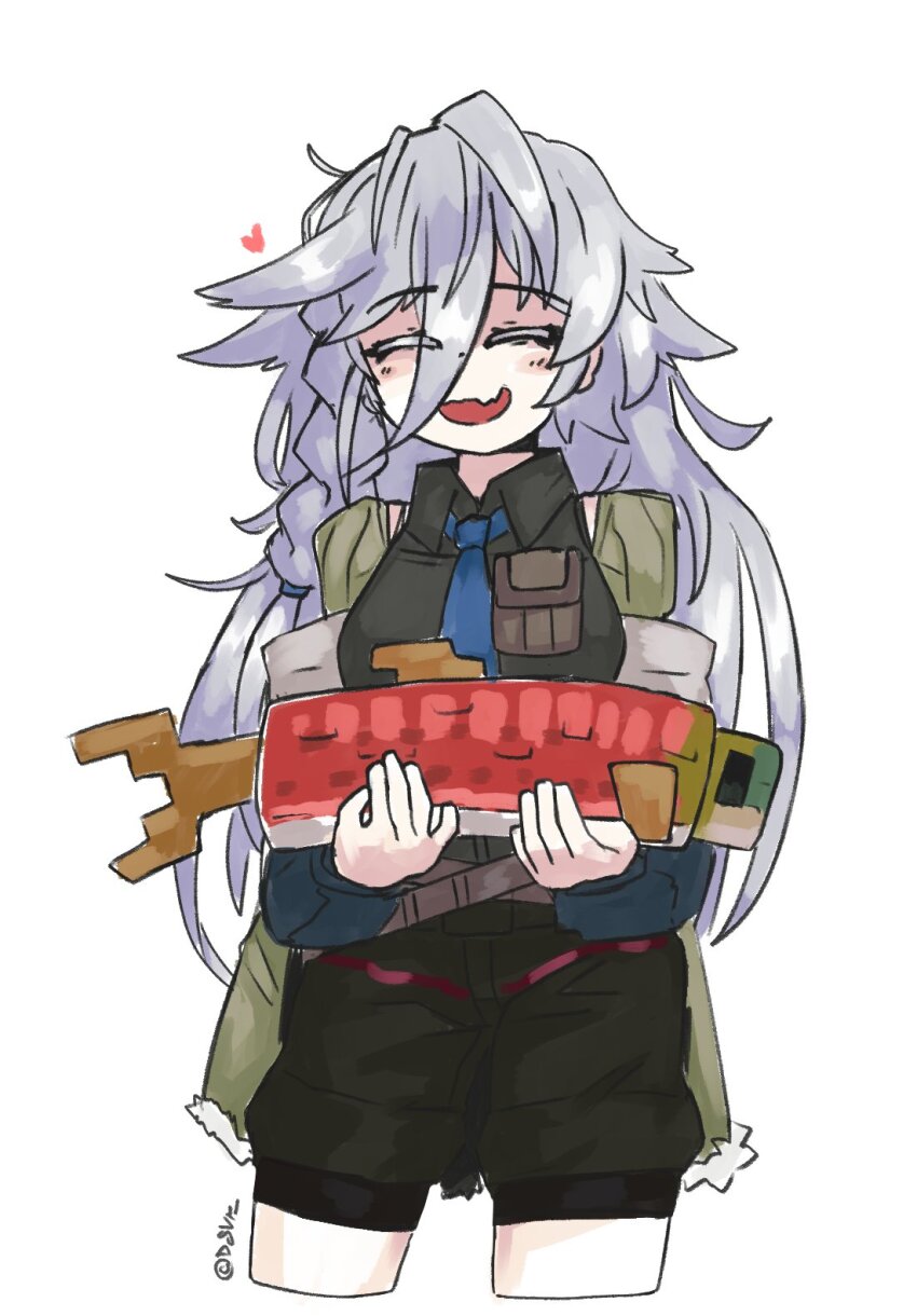 1girl, :d, black_shirt, black_shorts, blue_necktie, braid, closed_eyes, collared_shirt, cowboy_shot, doce, fang, female_focus, fish, girls'_frontline, grey_hair, hair_between_eyes, hairtie, heart, highres, holding_animal, holding_fish, jacket, long_hair, minecraft, necktie, open_clothes, open_jacket, open_mouth, salmon_(minecraft), shirt, shorts, skin_fang, smile, solo, white_background, xm8_(girls'_frontline)