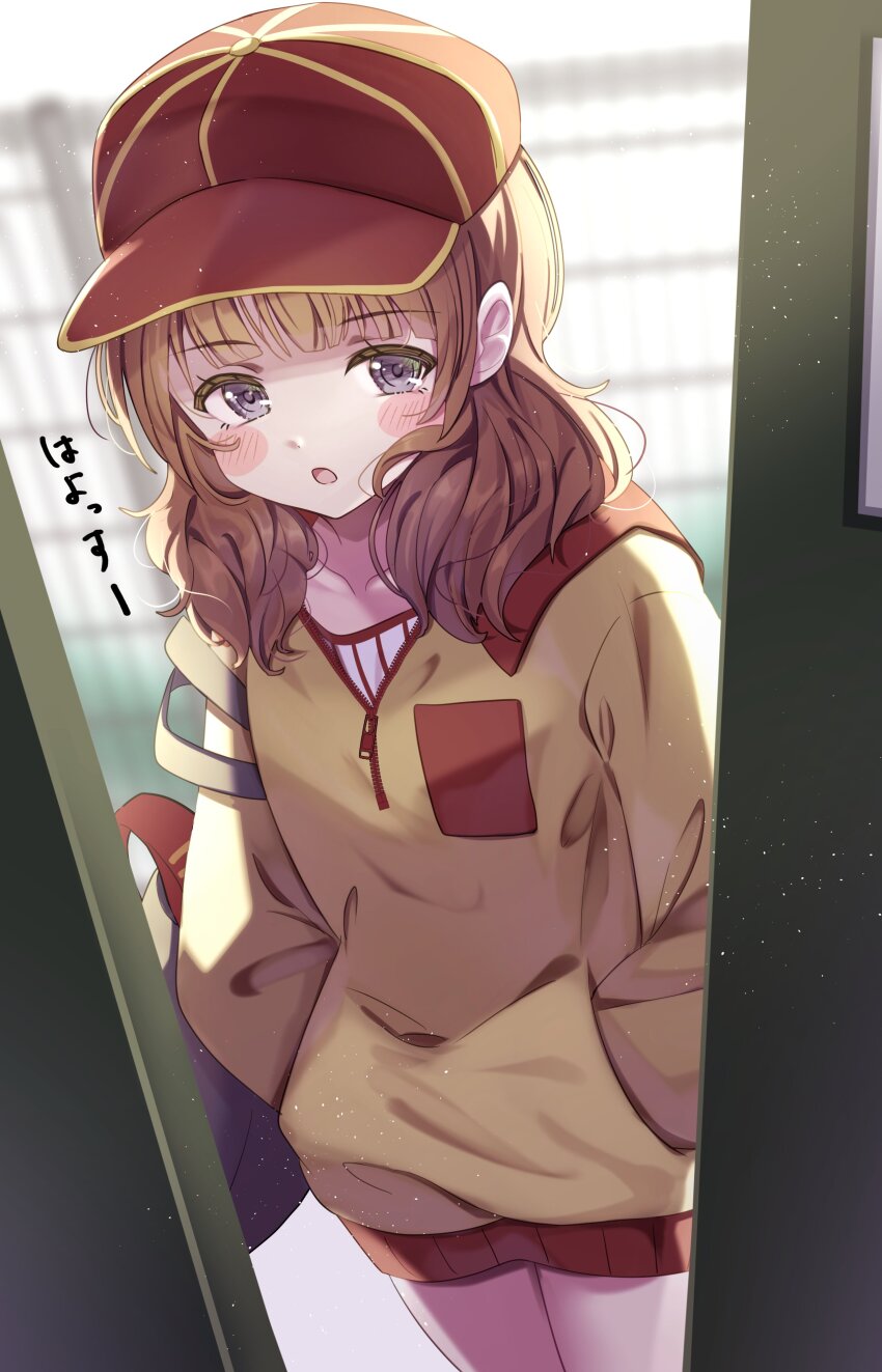 1girl, absurdres, alternate_hairstyle, backpack, bag, baseball_cap, blue_eyes, blush_stickers
