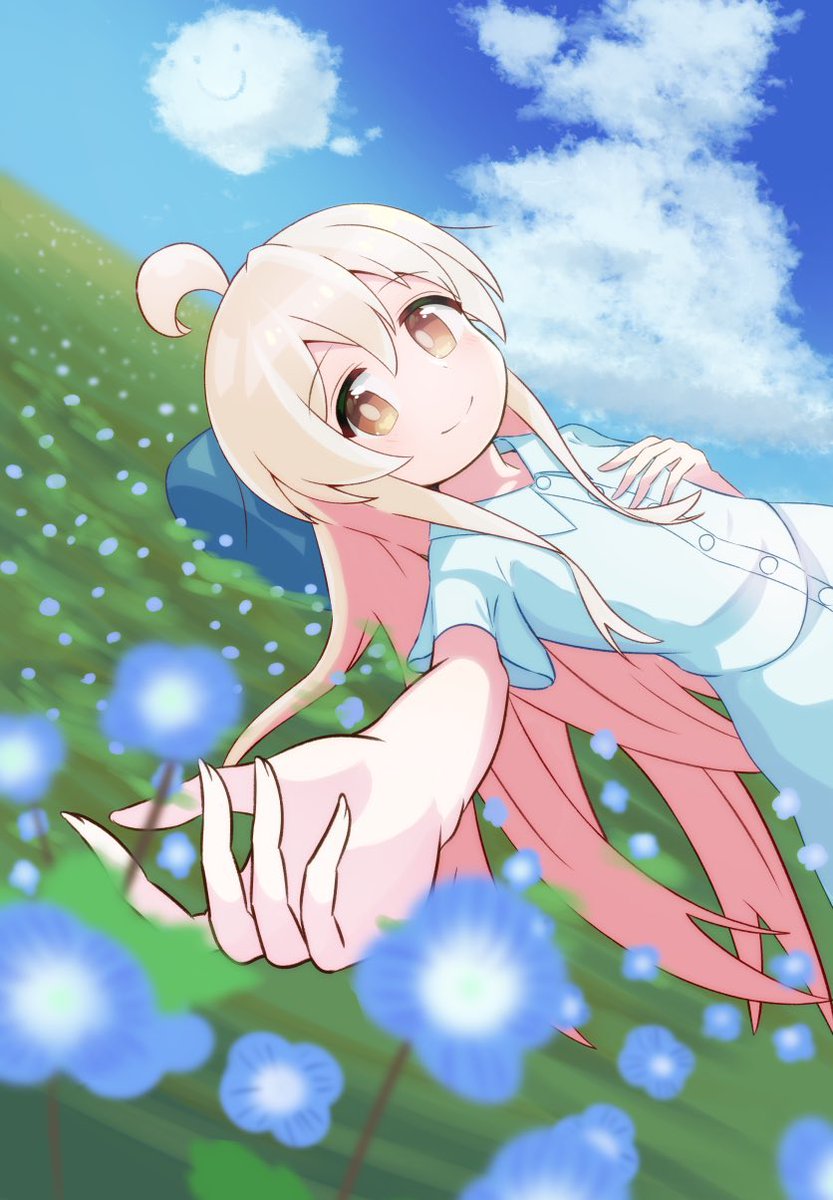 1girl, ahoge, blue_sky, c:, cloud, field, flower, flower_field