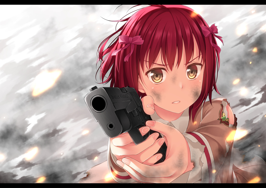1girl, ahoge, bow, bullet_girls, bullet_girls_2, gun, hair_bow, handgun