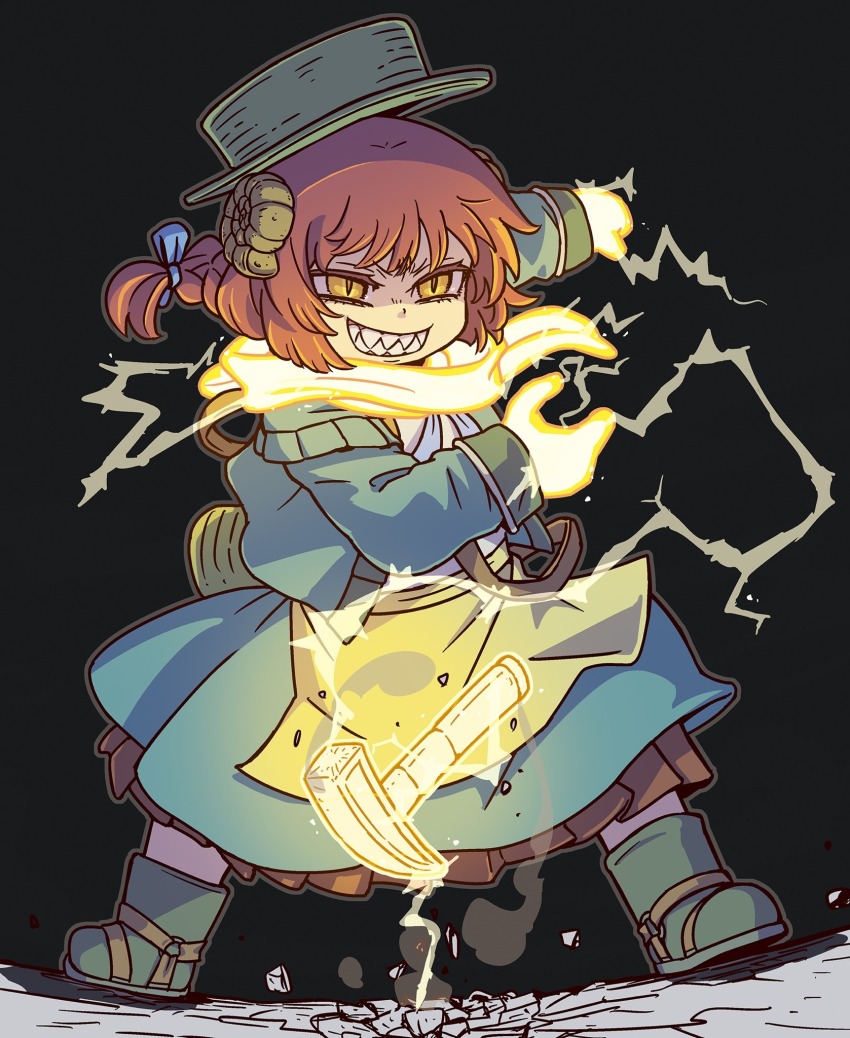 1girl, apron, bad_id, bad_tumblr_id, bag, black_background, blue_bow, boater_hat