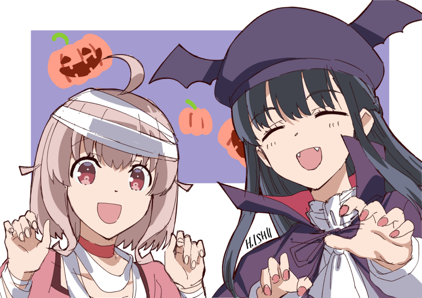16bit_sensation, 2girls, :d, ahoge, artist_name, bandages, beret, black_hair