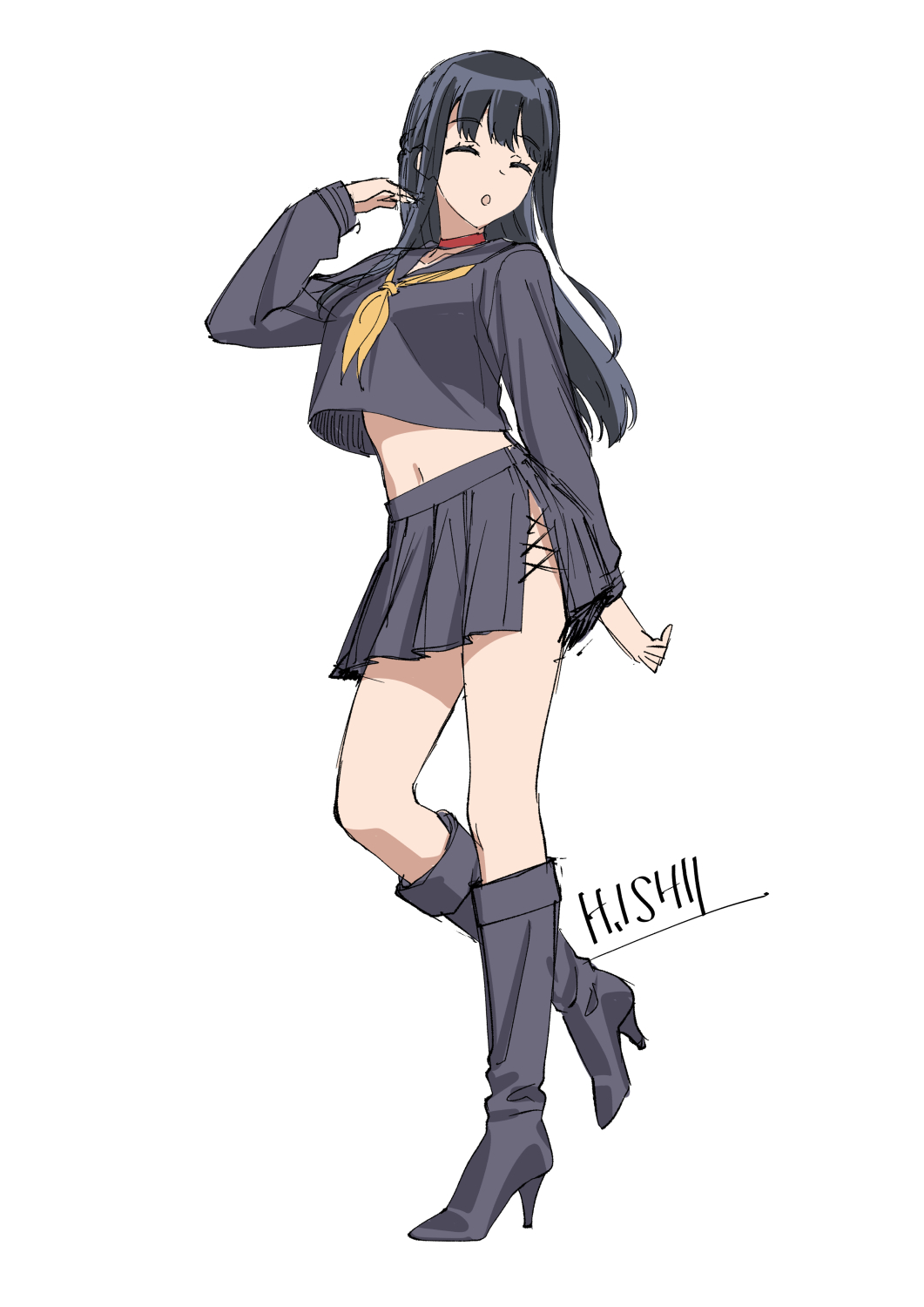 16bit_sensation, 1girl, :o, artist_name, boots, choker, closed_eyes, commentary_request