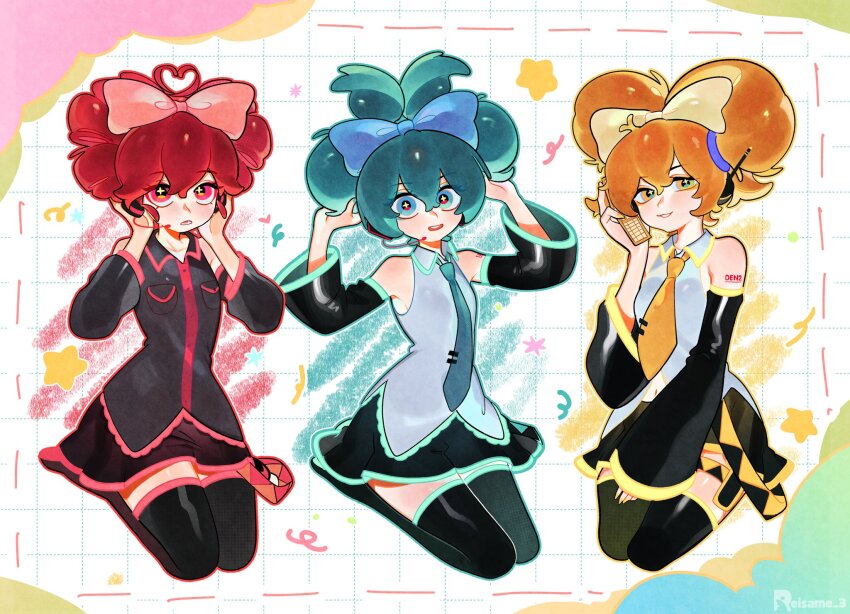 3girls, akita_neru, alternate_hairstyle, blonde_hair, bow, detached_sleeves, hair_bow, hatsune_miku