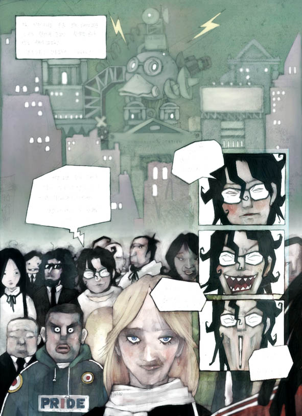 2girls, 6+boys, black-framed_eyewear, black_hair, black_necktie, blank_speech_bubble, blue_eyes, city