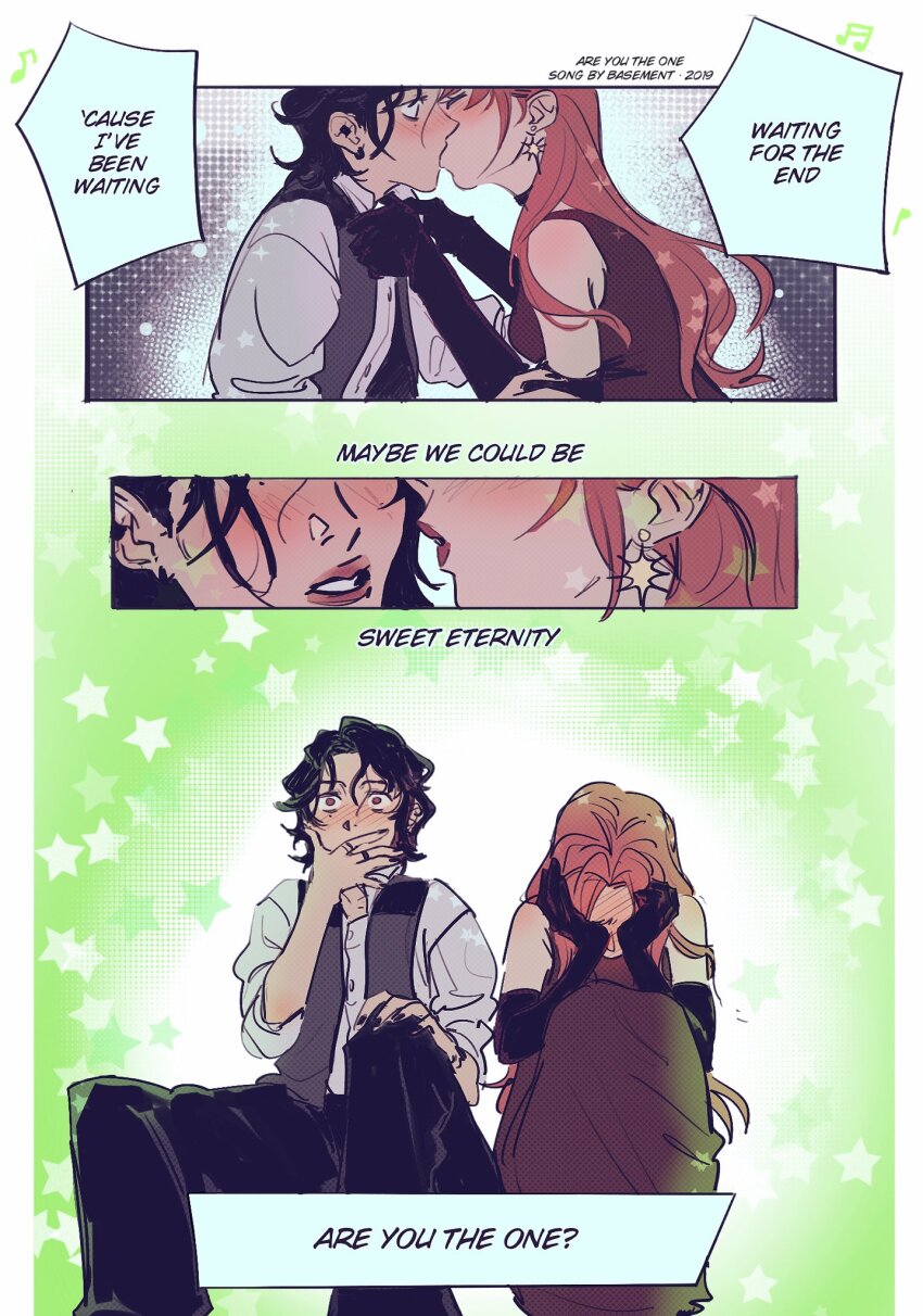 2girls, black_gloves, black_hair, black_nails, black_pants, blush, closed_eyes, collared_shirt