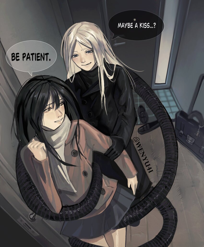 2girls, artist_name, bag, black_hair, blue_eyes, coat, commentary, door