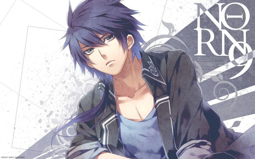 1boy, akito_shukuri, black_hair, black_jacket, black_sleeves, blue_hair, blue_shirt, closed_mouth