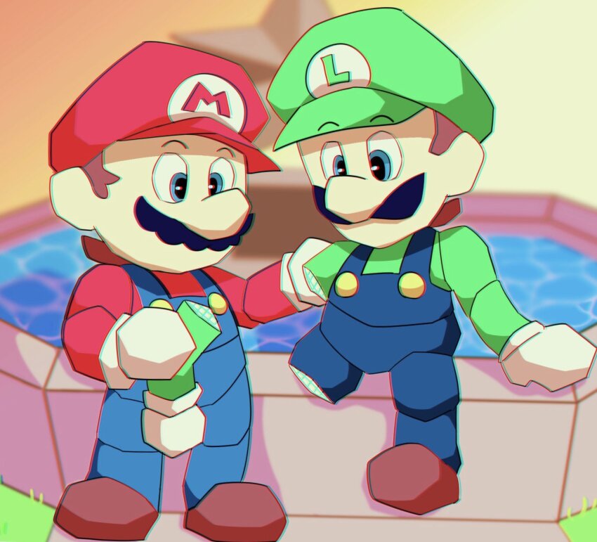 building, facial_hair, fountain, gloves, hat, highres, hiyashimeso, l_is_real_2401, low_poly, luigi, mario, mario_(series), model, mustache, nintendo, no_arm, no_leg, overalls, shirt, shoes, sitting, standing, star_(symbol), super_mario_64