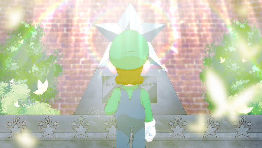 corpsesyndrome, fountain, gloves, hat, highres, l_is_real_2401, luigi, mario_(series), nintendo, overalls, shirt, star_(symbol), super_mario_64