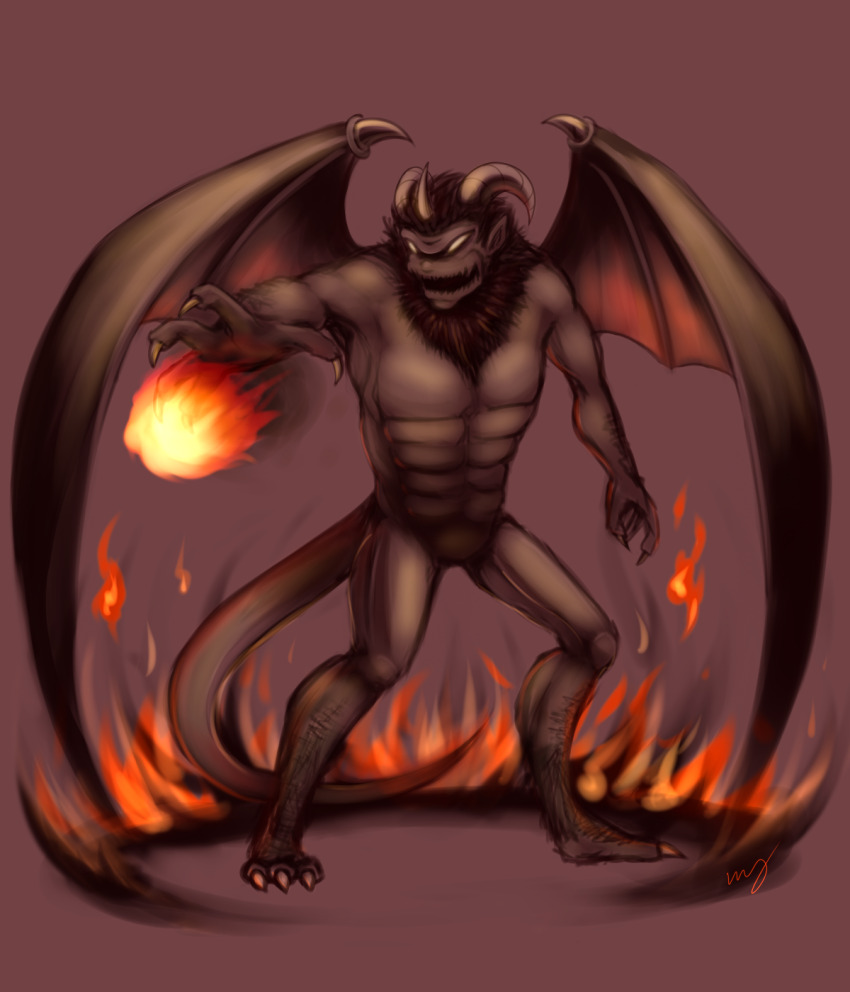 brown_background, chuiceturdz, claws, demon, demon_horns, demon_tail, demon_wings, fire