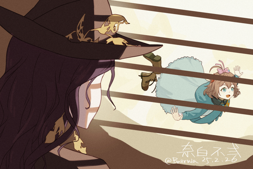 2girls, :d, absurdres, ahoge, ankle_boots, artist_name, black_hair, black_hat