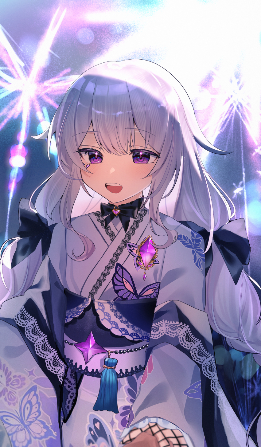 1girl, 1other, absurdres, aerial_fireworks, animal_print, bow, butterfly_print, fireworks