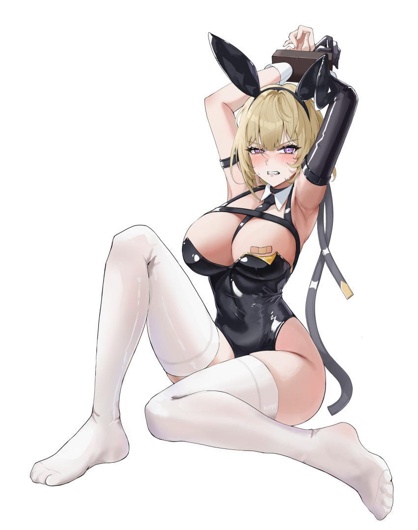 1girl, absurdres, animal_ear_hairband, animal_ears, armpits, arms_up, bandaid, bandaids_on_nipples, black_gloves, black_leotard, black_necktie, blonde_hair, blush, breasts, chest_harness, clenched_teeth, detached_collar, elbow_gloves, evelyn_chevalier, fake_animal_ears, gloves, hair_up, hairband, harness, highres, knee_up, large_breasts, legs, leotard, looking_at_viewer, necktie, no_shoes, pasties, playboy_bunny, purple_eyes, rabbit_ear_hairband, rabbit_ears, restrained, revermam12, simple_background, single_elbow_glove, skindentation, solo, strapless, strapless_leotard, teeth, thighhighs, toes, wardrobe_malfunction, white_background, white_thighhighs, zenless_zone_zero