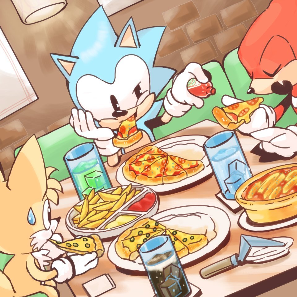3boys, eating, echidna_(animal), food, fox, french_fries, glass_of_soda, hedgehog, hot_sauce, ketchup, knuckles_the_echidna, multiple_boys, pizza, prank, restaurant, sega, sitting, smile, soda, sonic_(series), sonic_the_hedgehog, sweatdrop, tails_(sonic)