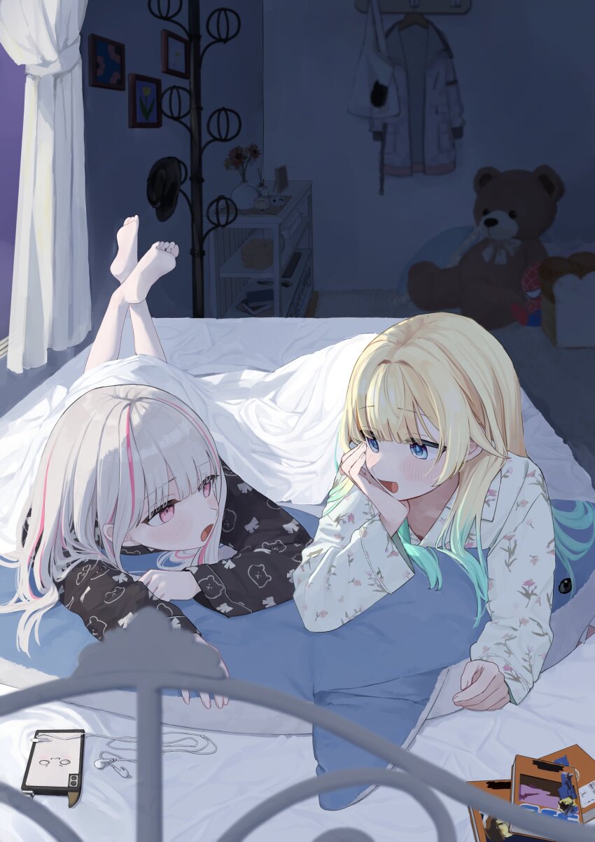2girls, absurdres, aizawa_ema, asumi_sena, barefoot, blonde_hair, blue_eyes, blush