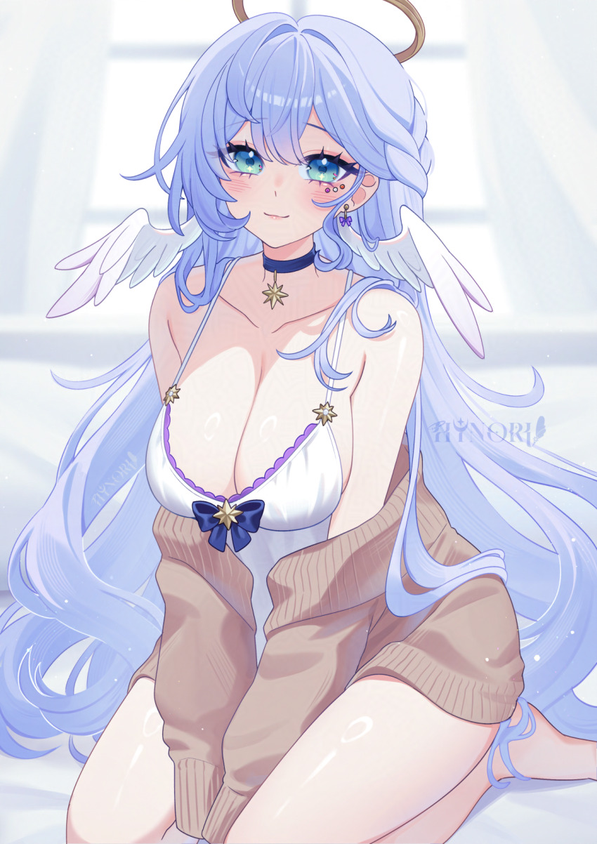 1girl, artist_name, babydoll, bare_legs, bare_shoulders, barefoot, blue_choker, blue_hair, breasts, brown_sweater, choker, cleavage, collarbone, commentary, earrings, green_eyes, halo, head_wings, highres, honkai:_star_rail, honkai_(series), hynori, jewelry, large_breasts, legs, long_hair, robin_(honkai:_star_rail), seiza, sitting, smile, solo, sweater, untranslatable_commentary, white_babydoll, wings