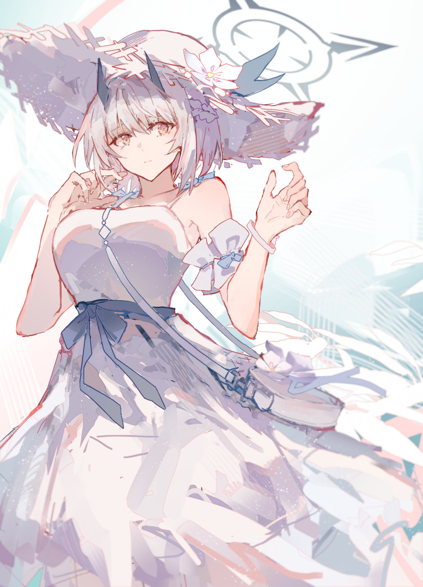 1girl, absurdres, armband, black_horns, blue_archive, casual, demon_horns, dress