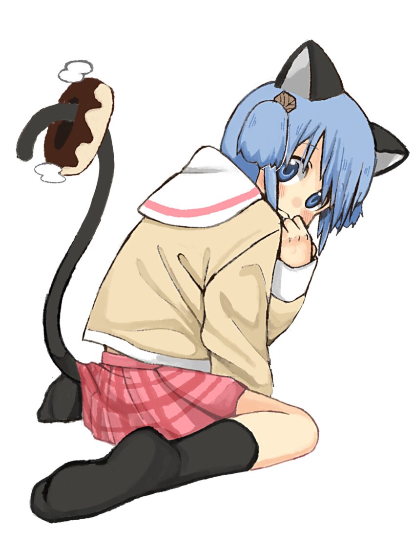 1girl, animal_ears, arawi_keiichi_(style), black_socks, blue_hair, cat_ears, cat_girl, cat_tail