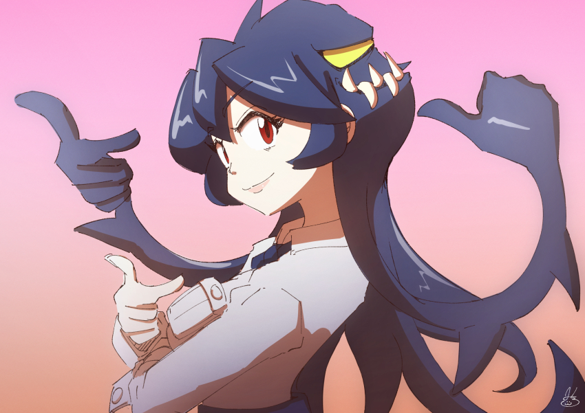 1563ichikorosan, 1girl, blue_hair, filia_(skullgirls), gradient_background, highres, index_finger_raised, looking_at_viewer