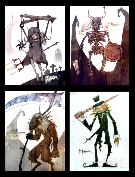 1girl, 1other, 2boys, axe, baphomet_(ragnarok_online), black_hat, buttons, candelabra, candlestand, commentary_request, cross, cyanporoco, fake_horns, full_body, furry, furry_male, goat_boy, hat, helmet, holding, holding_axe, holding_scythe, holding_shield, horned_helmet, horns, jack-o'-lantern_head, jakk_(ragnarok_online), korean_commentary, long_hair, looking_at_viewer, marionette, marionette_(ragnarok_online), multiple_boys, official_art, orc_skeleton, puppet, ragnarok_online, scythe, shield, skeleton, standing, tombstone, top_hat, undead
