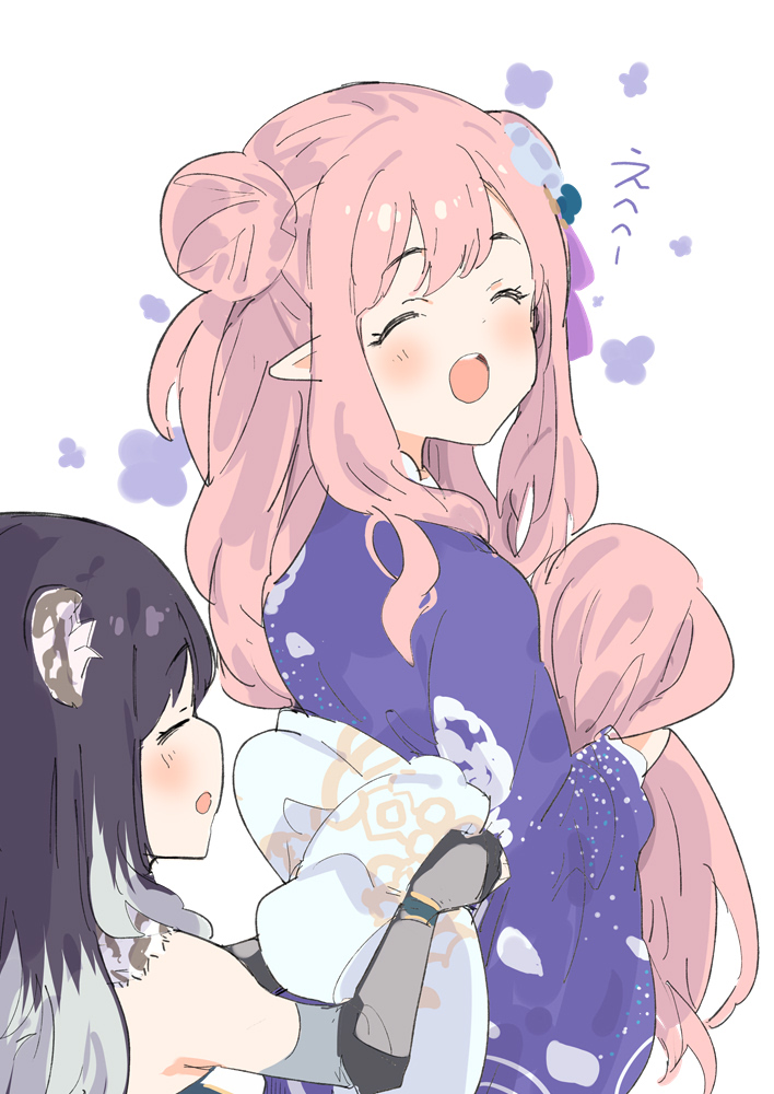 2girls, :d, ^_^, absurdly_long_hair, adjusting_another's_clothes, adjusting_sash, back_bow, bare_shoulders