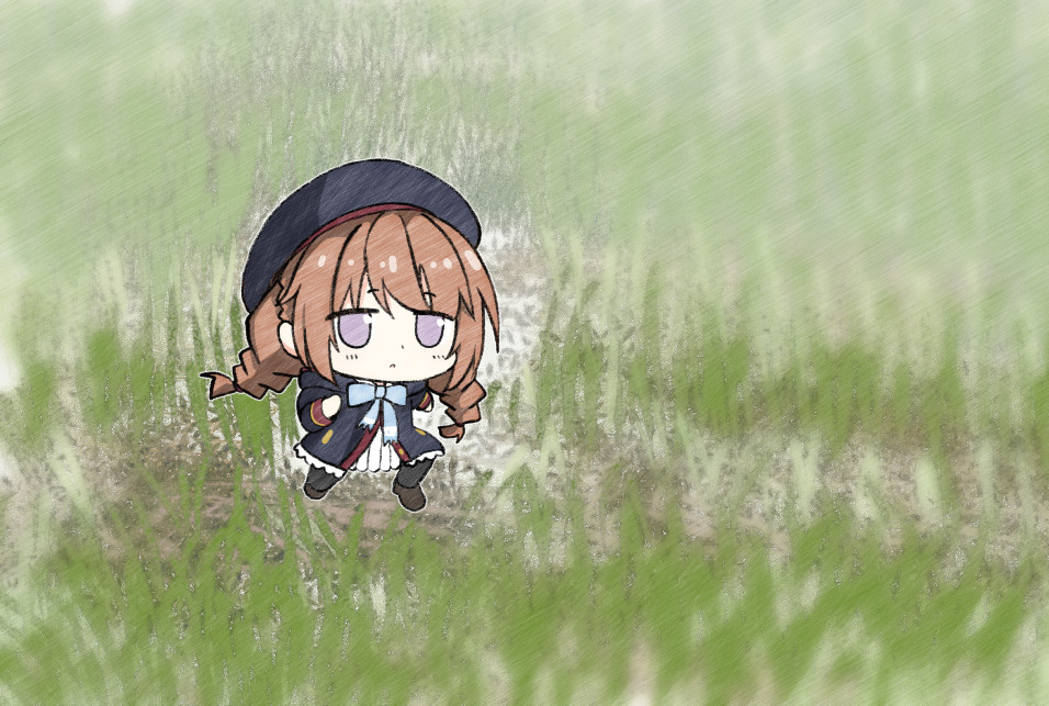 1girl, black_hat, black_pantyhose, blue_bow, blue_bowtie, bow, bowtie, braid, brown_hair, brown_shoes, chibi, chibi_only, commentary_request, ehho_ehho_(meme), grass, hako_roku, hat, long_hair, low_twin_braids, meme, mini_person, minigirl, neta, pantyhose, princess_connect!, purple_eyes, running, school_uniform, shoes, sidelocks, solo, st._theresa's_girls_academy_school_uniform, twin_braids, yuni_(princess_connect!)