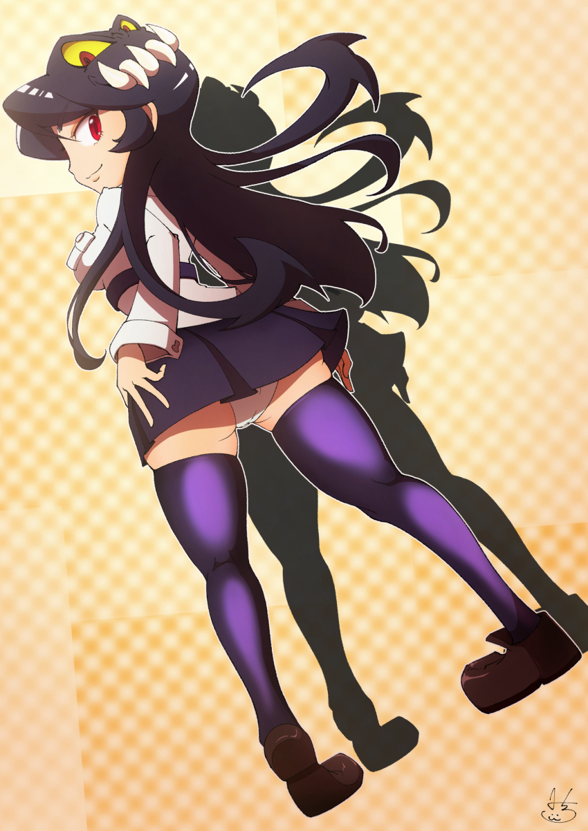 1563ichikorosan, 1girl, ass, black_hair, colored_sclera, dutch_angle, filia_(skullgirls), from_behind