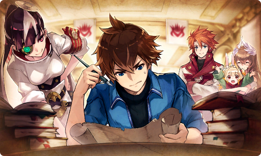 2boys, 3girls, ^_^, animal_ear_fluff, animal_ears, armband, blonde_hair, blue_eyes