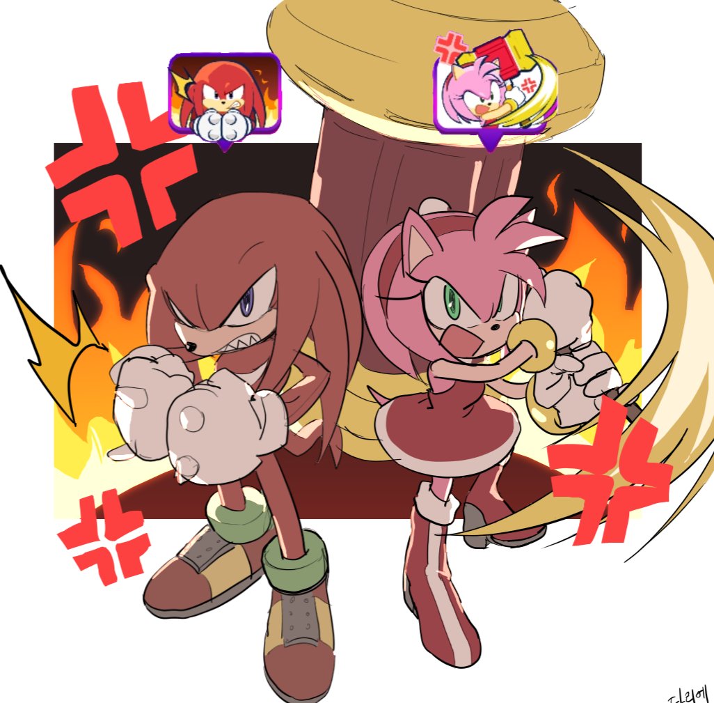 1boy, 1girl, amy_rose, anger_vein, angry, arms_up, clenched_teeth, dochisukiovo