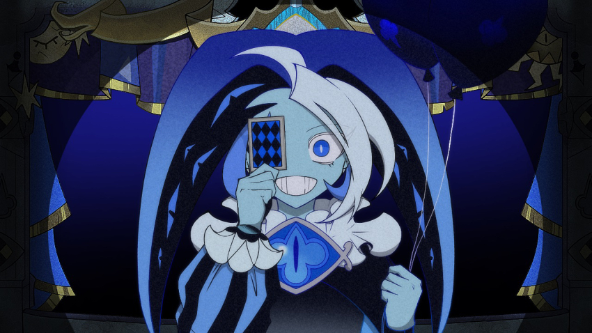 1boy, balloon, blue_eyes, blue_hat, blue_skin, brooch, card, colored_skin