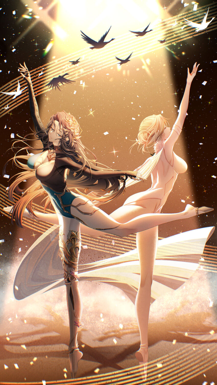 2girls, arm_up, athletic_leotard, back-to-back, bare_shoulders, bird, black_background, black_hair