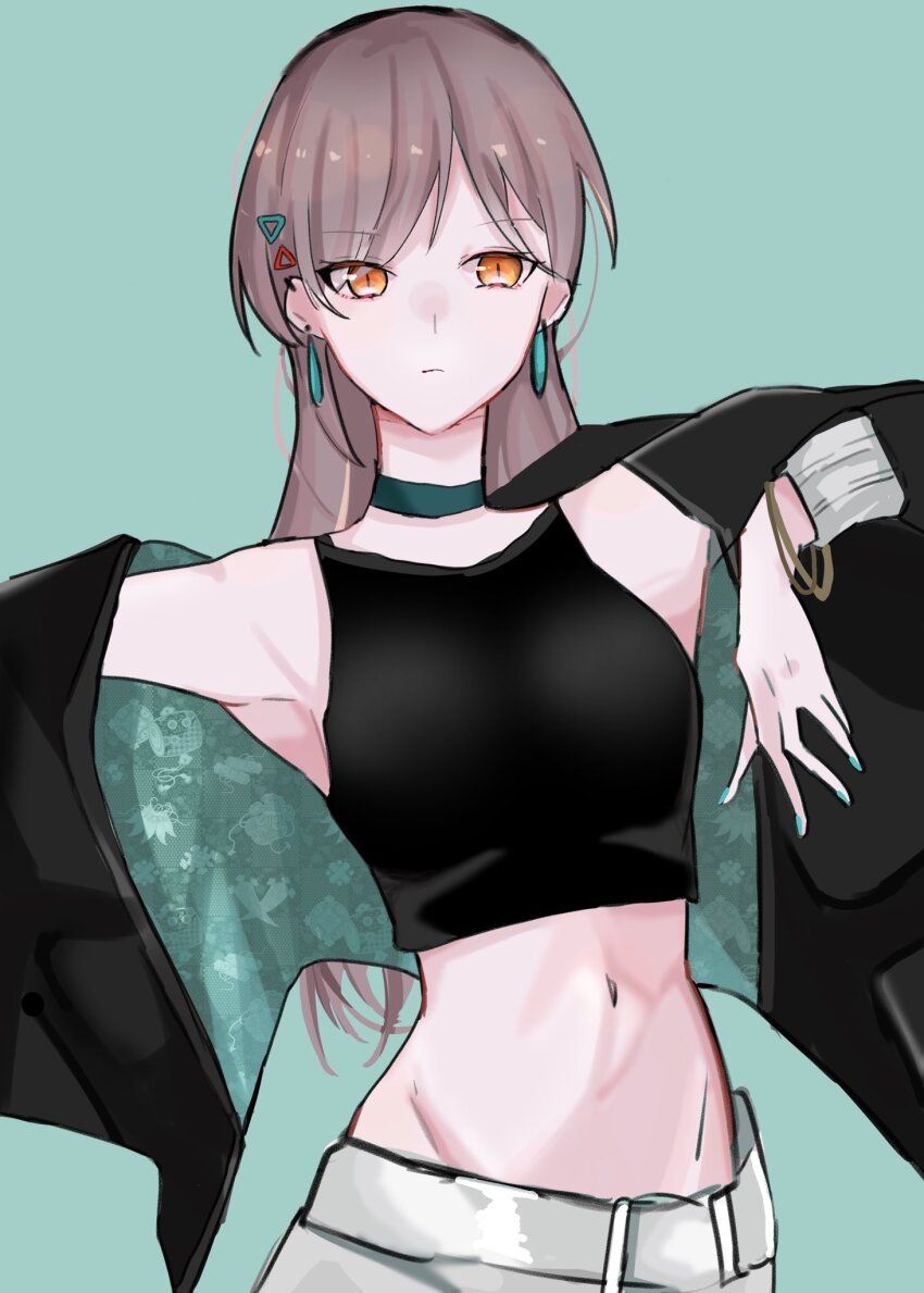 1girl, alternate_costume, armpits, black_jacket, closed_mouth, commentary_request, cropped_shirt, earrings