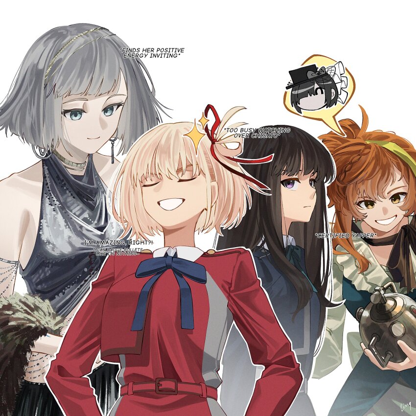 4girls, :/, anzai_chika, aqua_eyes, artist_name, bare_shoulders, belt, black_hair