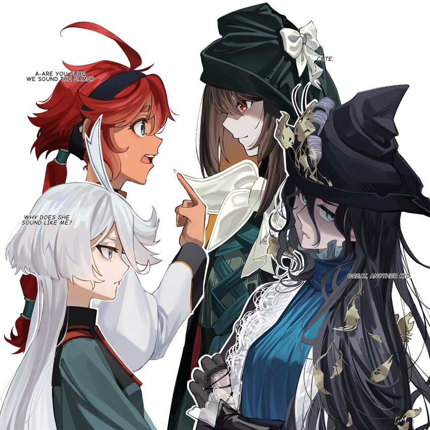 4girls, :/, ahoge, artist_name, asticassia_school_uniform, black_cape, black_gloves, black_hair