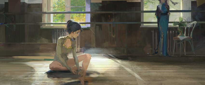 2girls, absurdres, aged_down, athletic_leotard, bare_legs, barefoot, barre, bird