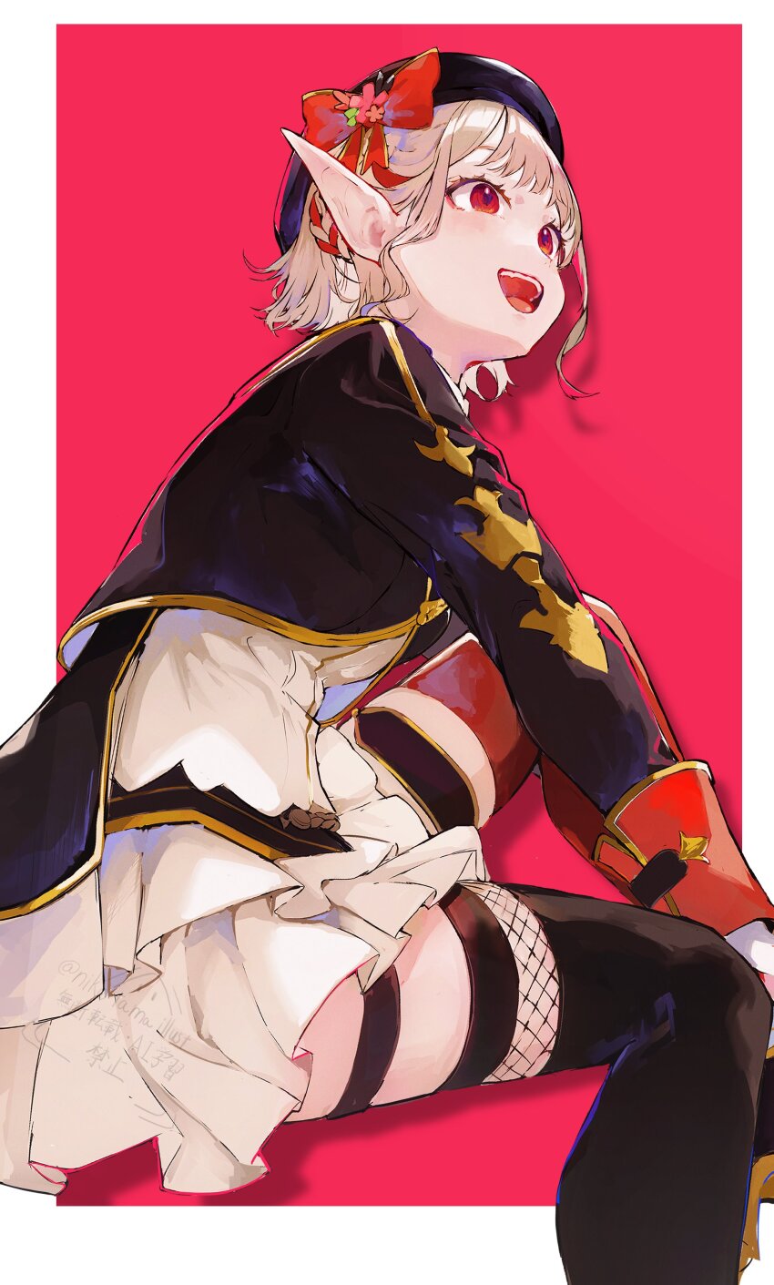 1girl, absurdres, beret, black_hat, black_jacket, black_thighhighs, border, bow