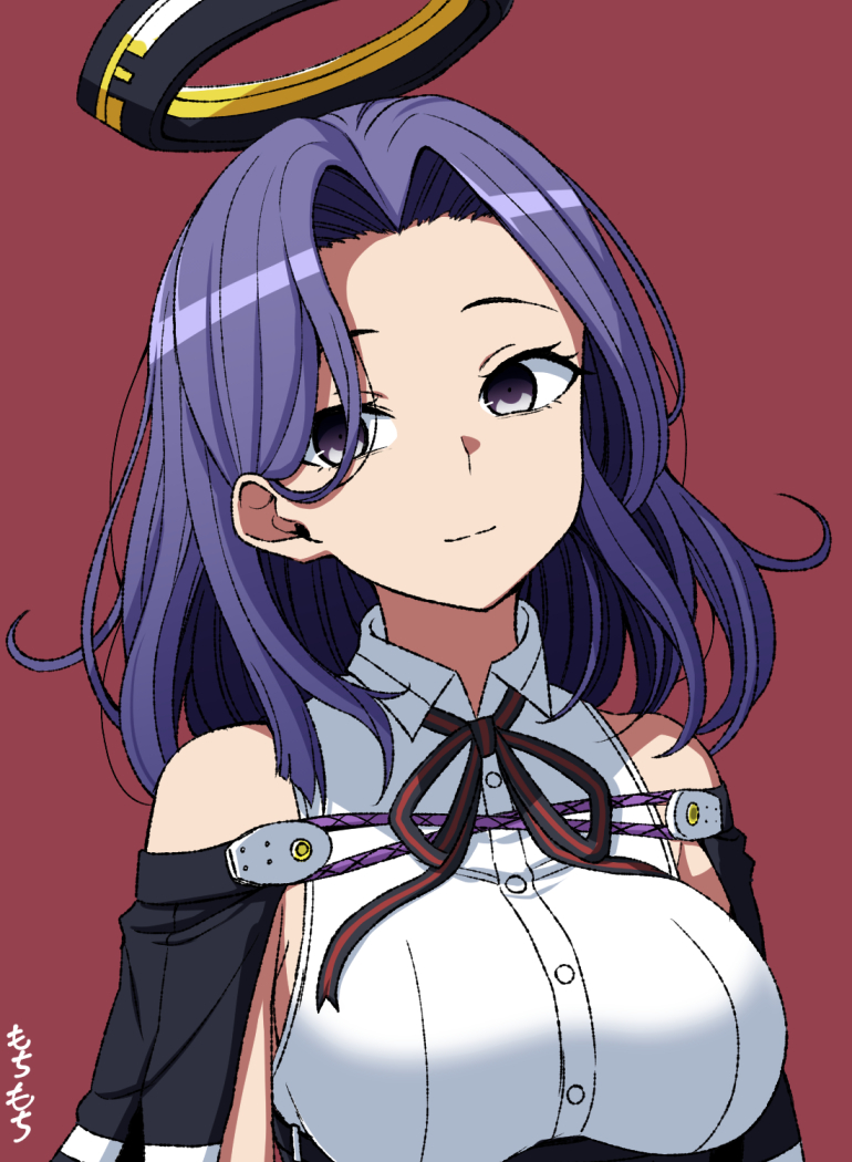 1girl, breasts, brown_background, collared_shirt, commentary, dress_shirt, hair_intakes, halo, headgear, kantai_collection, large_breasts, mechanical_halo, medium_breasts, moti_coi, one-hour_drawing_challenge, purple_eyes, purple_hair, shirt, sleeveless, sleeveless_shirt, solo, tatsuta_(kancolle), tatsuta_kai_ni_(kancolle), white_shirt