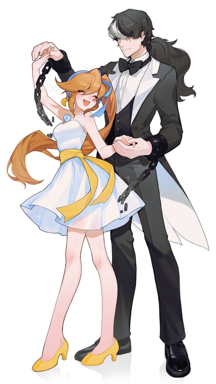 1boy, 1girl, ace_attorney, athena_cykes, black_bow, black_bowtie, black_hair, black_jacket