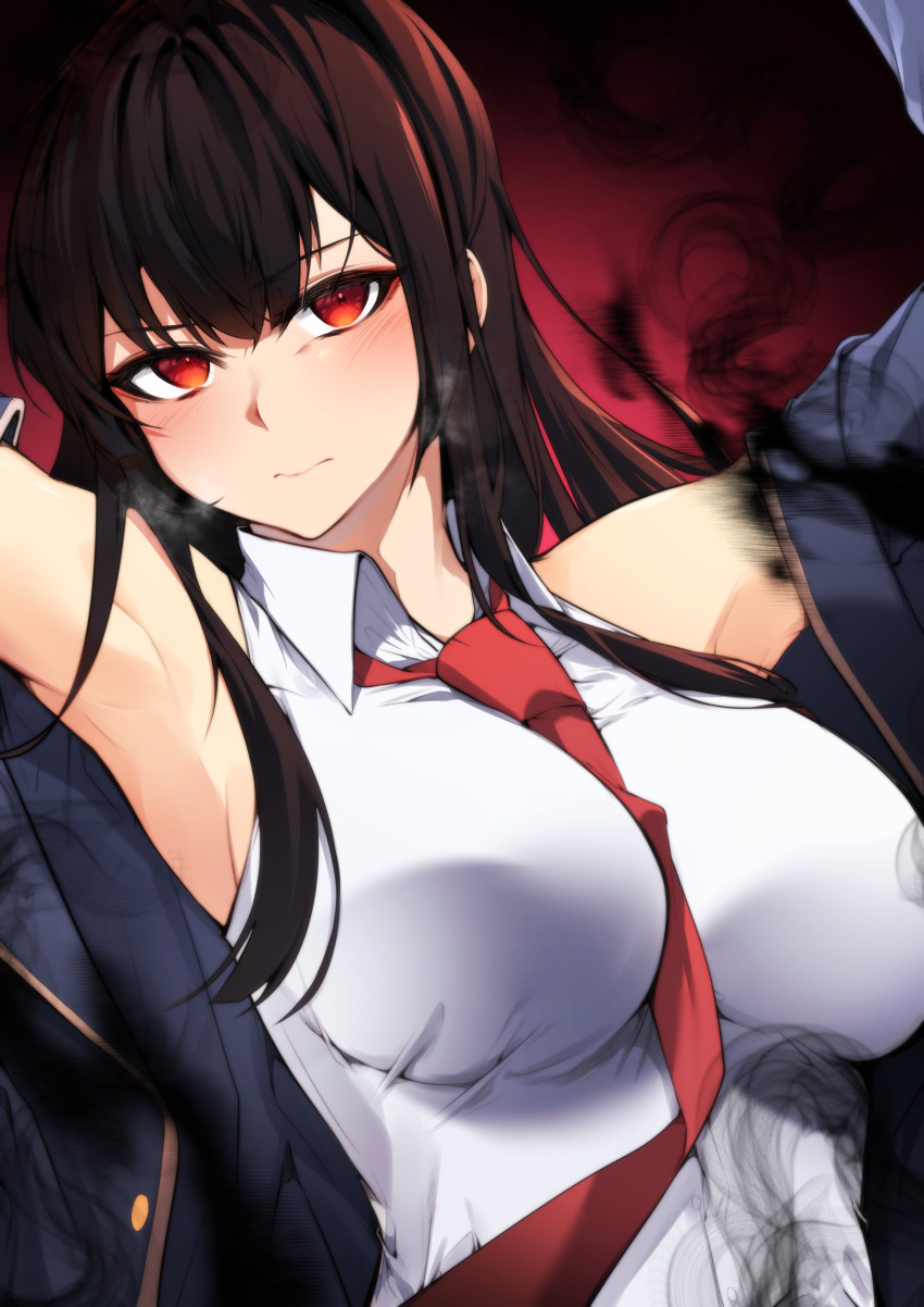 1girl, absurdres, armpits, arms_up, black_hair, black_jacket, blush, breasts