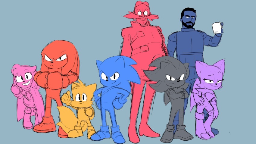 agent_stone, amy_rose, backpack, bag, bat_(animal), coffee, dr._eggman, echidna_(animal), facial_hair, fox, gloves, hedgehog, highres, hood, jim_carrey, knuckles_the_echidna, mustache, paramount_pictures, rouge_the_bat, sega, shadow_the_hedgehog, shoes, sketch, socks, sonic_(live_action), sonic_(series), sonic_the_hedgehog, sonic_the_hedgehog_(movie), sonic_the_hedgehog_2_(movie), sonic_the_hedgehog_3_(movie), tails_(sonic), wings