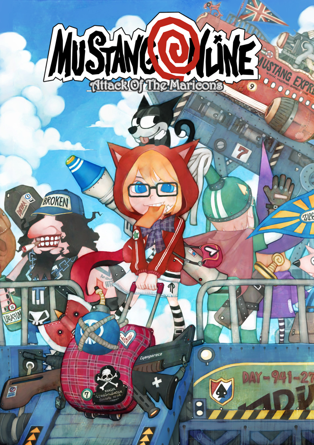 2boys, 2girls, animal, animal_hood, animal_on_head, baseball_cap, black-framed_eyewear, black_hair, black_hat, black_nails, blonde_hair, blue_eyes, blue_hat, blue_sky, bomb, bow, bowtie, cat, cat_hood, cat_on_head, chain, cigarette, commentary_request, cyanporoco, day, explosive, facial_hair, fingernails, full_body, glasses, goatee, green_hat, grin, gun, hat, hood, hood_up, hoodie, korean_commentary, looking_at_viewer, multiple_boys, multiple_girls, on_head, original, outdoors, plaid_bow, plaid_bowtie, plaid_clothes, purple_bow, purple_bowtie, purple_hat, red_hoodie, rocket_launcher, rolling_suitcase, rpg_(weapon), short_hair, skirt, skull_and_crossbones, sky, smile, smoking, standing, suitcase, union_jack, weapon, white_skirt, witch_hat